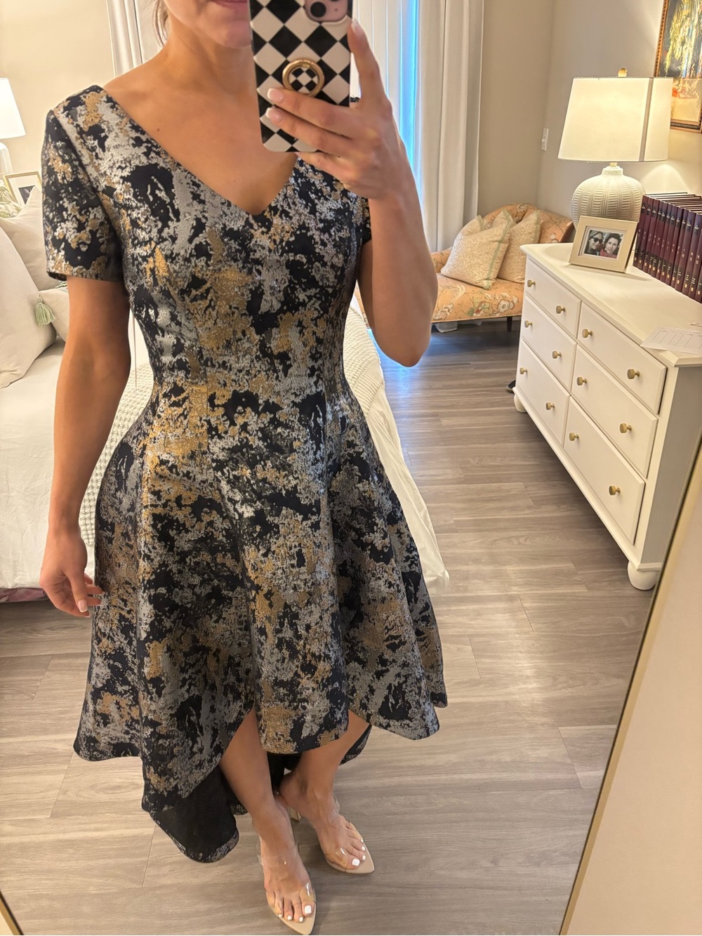 ✨ NWT Focus by Shani Black/Gold Jacquard High-Low Dress ✨ Size 6